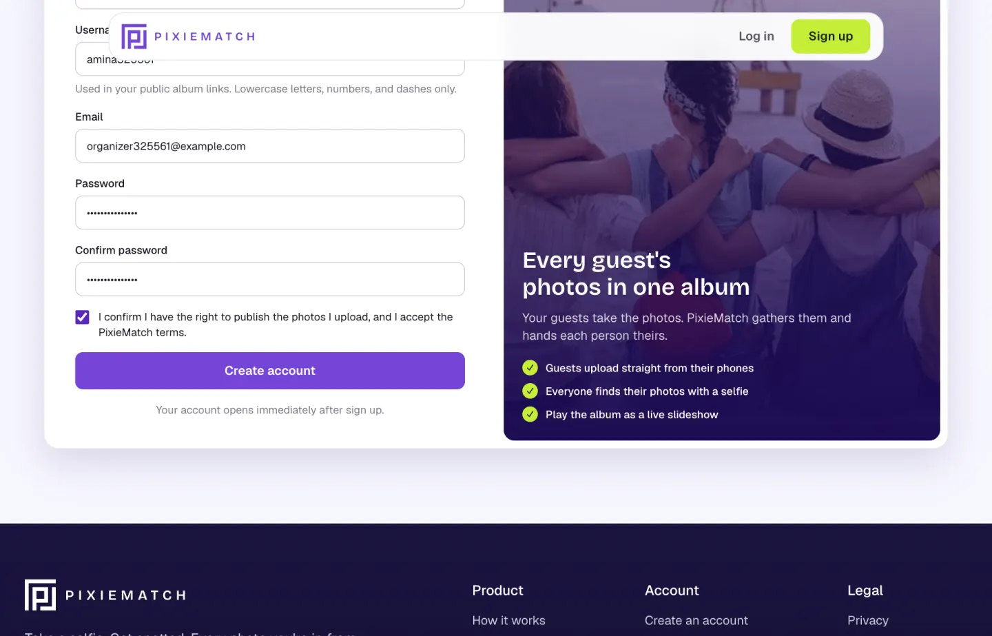 The sign-up form with the Organizer account type selected