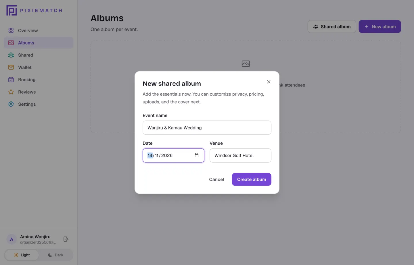 The new shared album dialog with the event details filled in