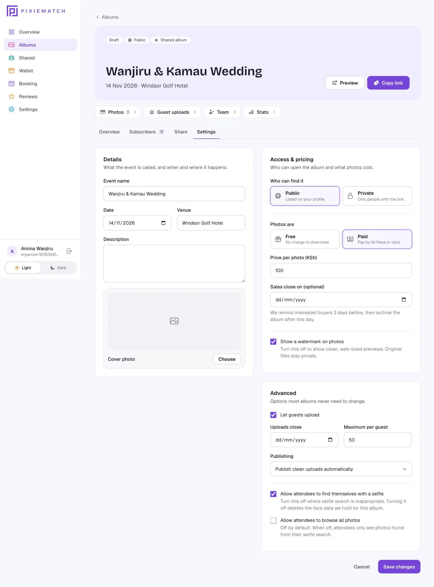 The shared album settings with paid pricing, a price per photo and guest upload options