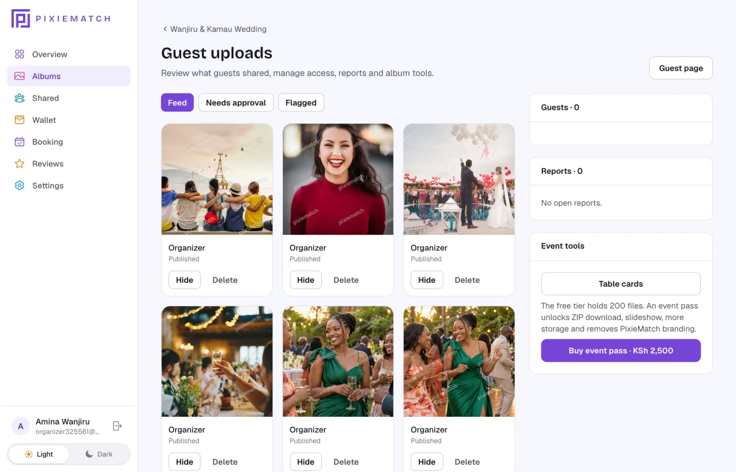 The guest uploads feed with hide and delete buttons on each photo