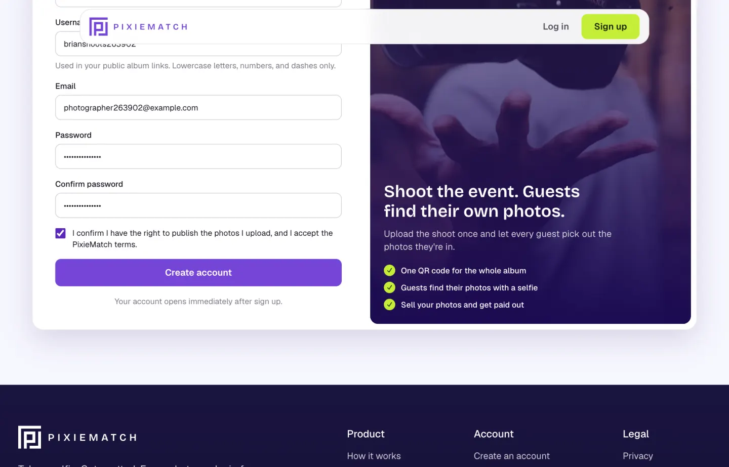 The sign-up form with the Photographer account type selected