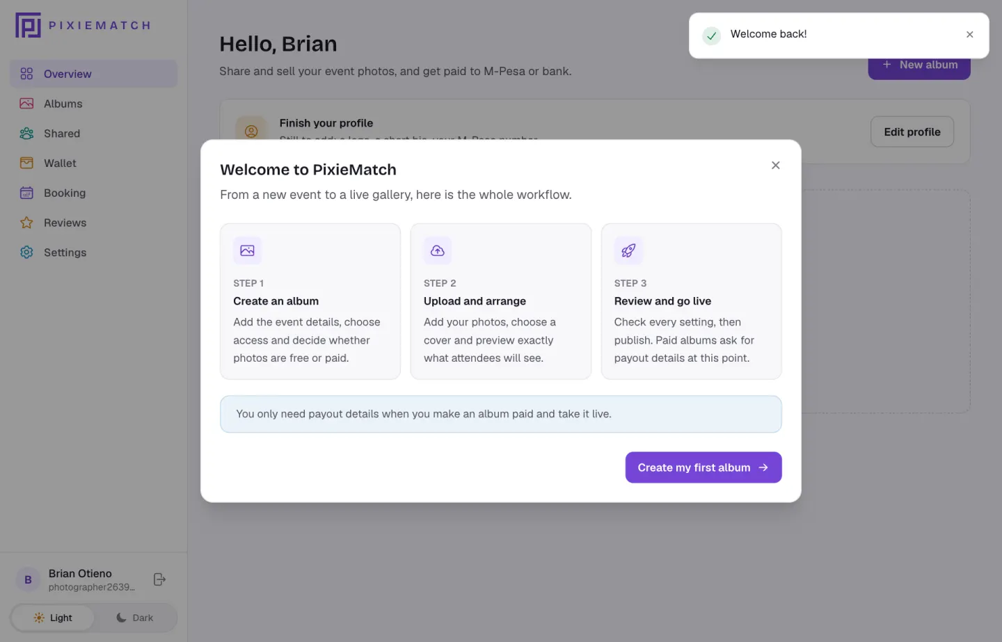 The dashboard showing the three-step welcome dialog