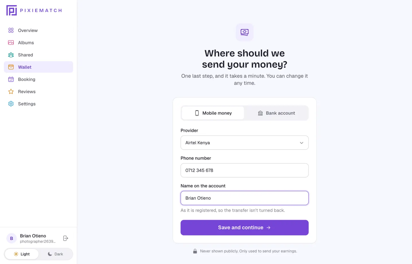 The payout form with mobile money selected