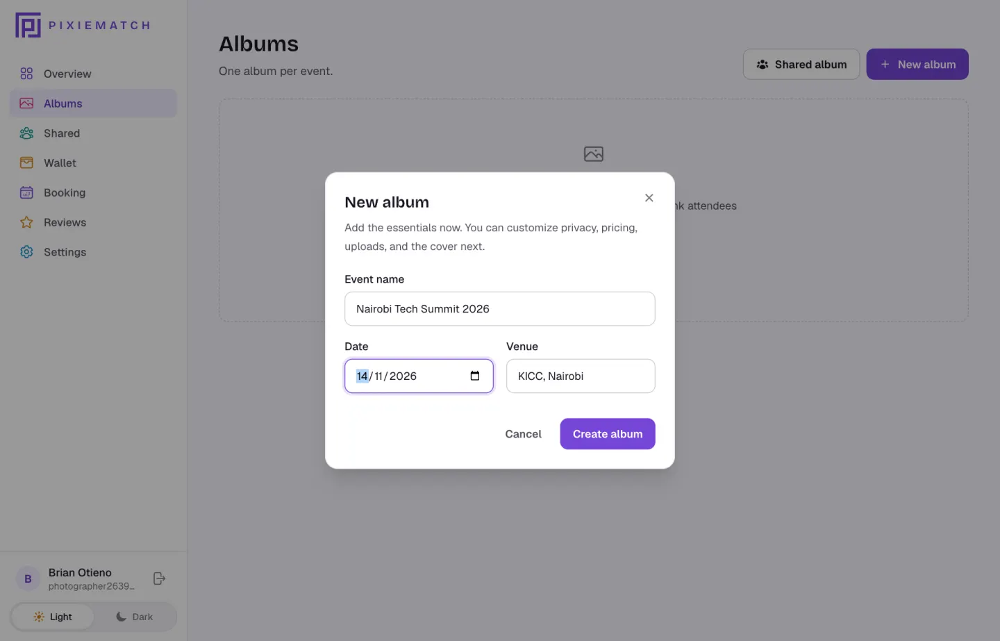The new album dialog with the event name, date and venue filled in