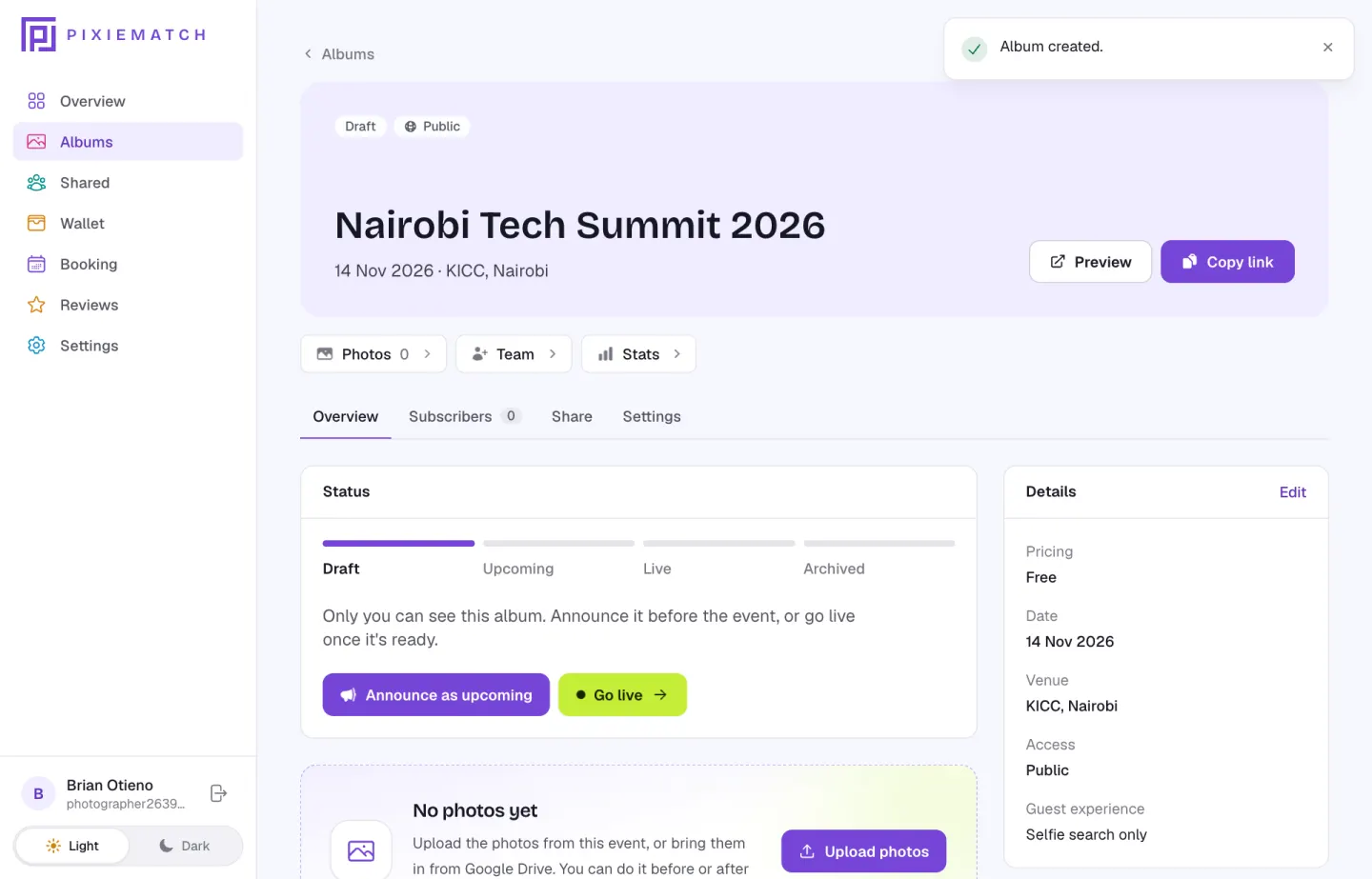 The album overview with the Draft, Upcoming, Live and Archived status steps