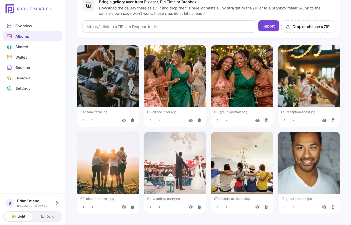 The photos page with eight uploaded photos in a grid