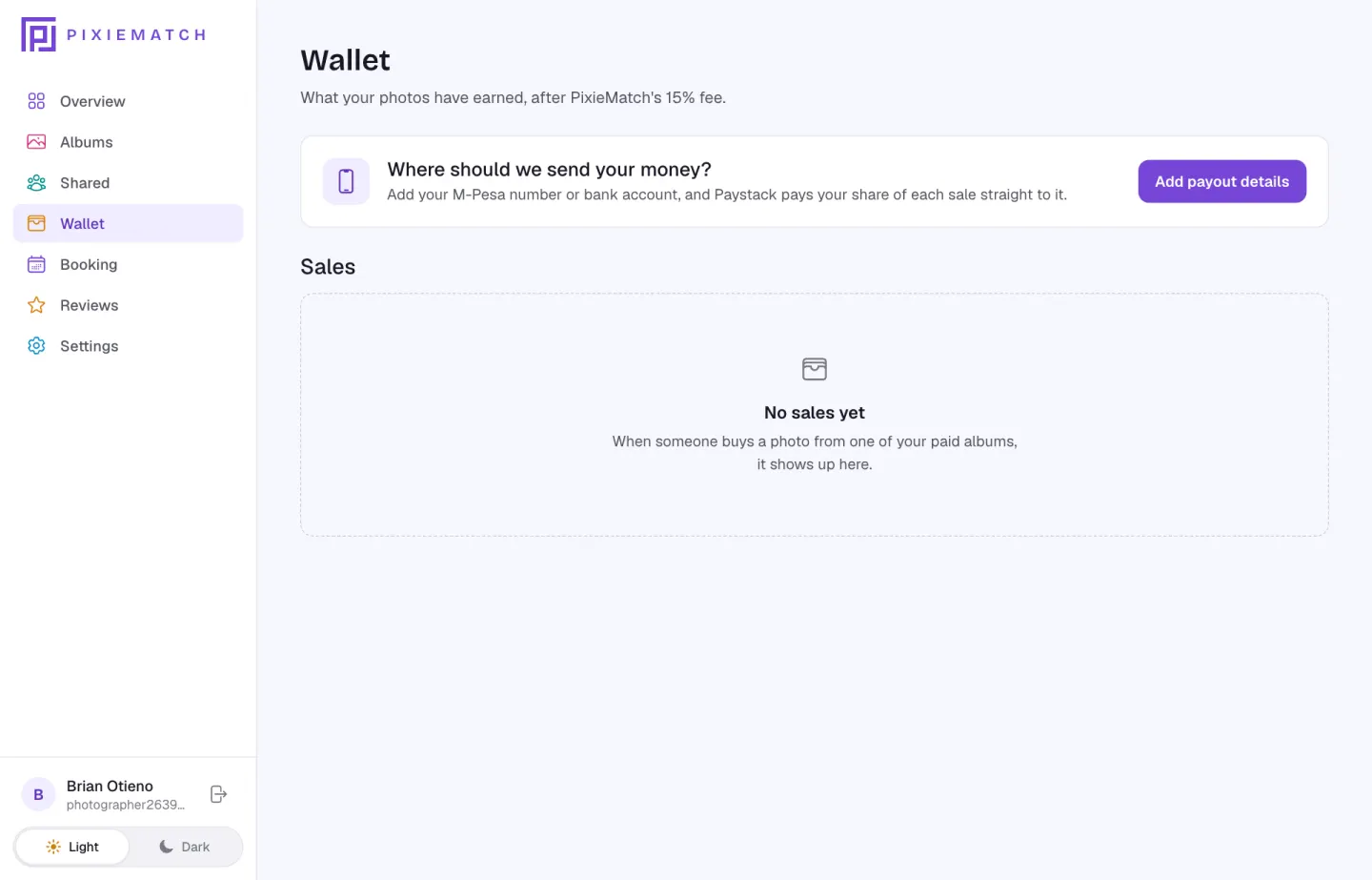 The wallet page with balance and payout details